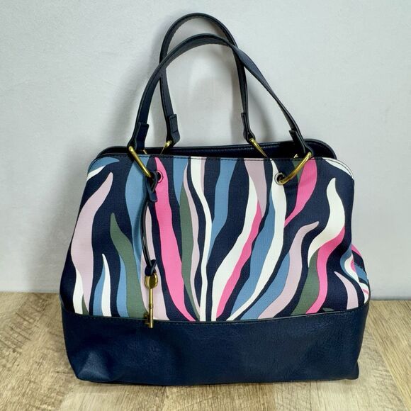 Fossil Lane Satchel Handbag Sea Pink Zebra Stripe Double Handle Zipper Pockets - Picture 1 of 16
